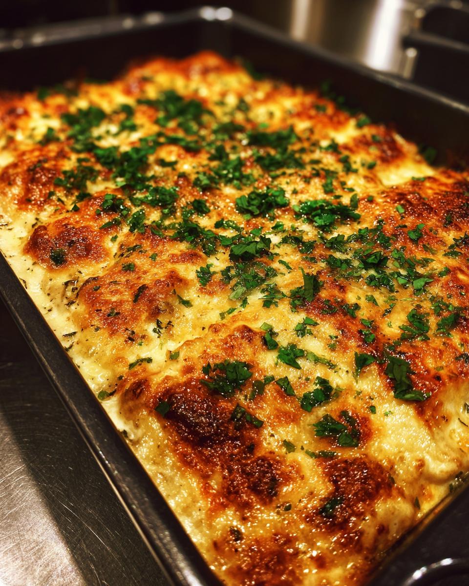 Close-up of baked queso chicken enchiladas in a baking dish, topped with melted golden cheese and fresh parsley.