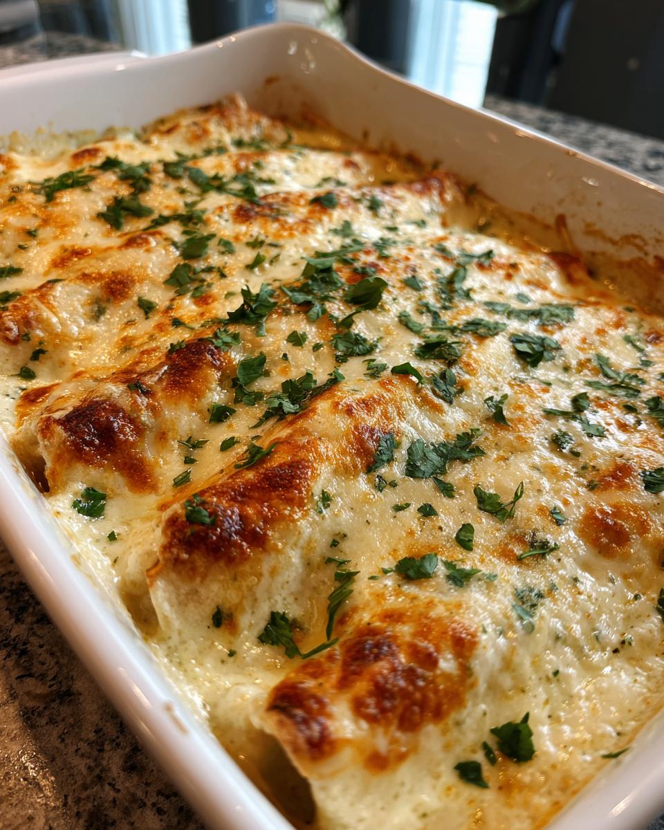 Close-up of baked Queso chicken enchiladas in a white baking dish, topped with melted cheese and parsley.