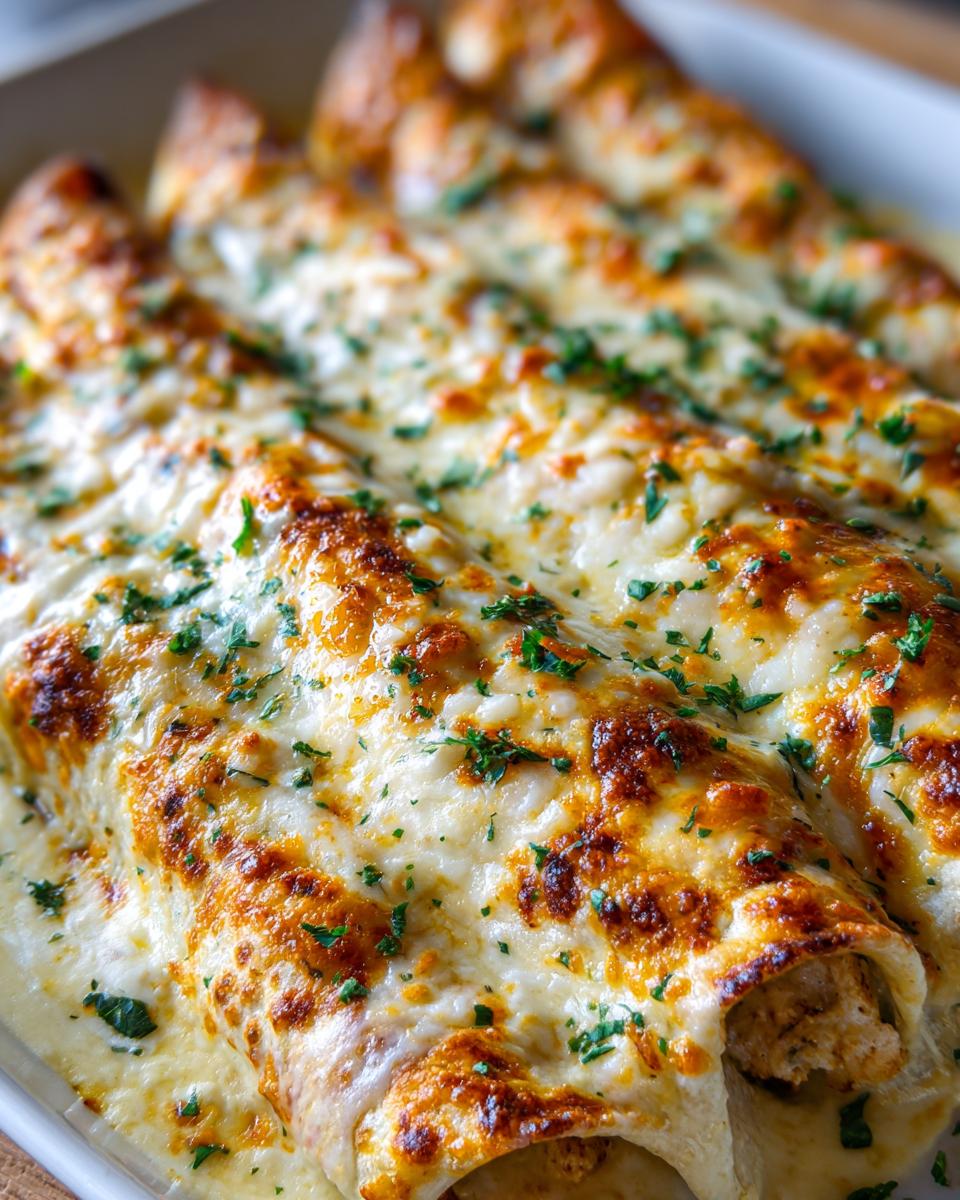 Close-up of baked queso chicken enchiladas topped with melted, golden-brown cheese and chopped parsley.