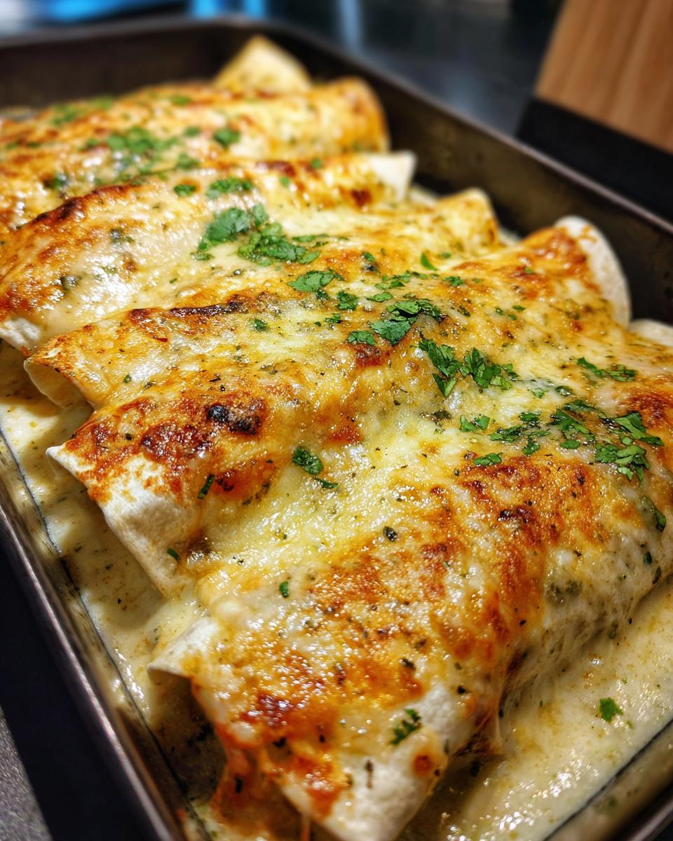 Close-up of baked queso chicken enchiladas in a baking dish, topped with melted cheese and cilantro.