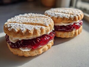 Close-up of two delicious raspberry linzer cookies filled with cream and jam, dusted with powdered sugar.