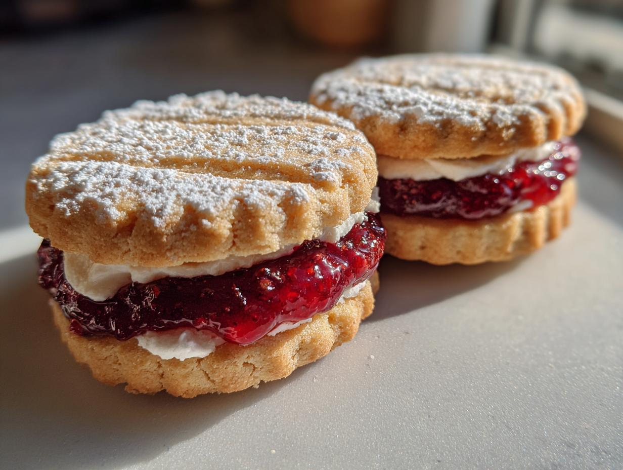 Close-up of two delicious raspberry linzer cookies filled with cream and jam, dusted with powdered sugar.