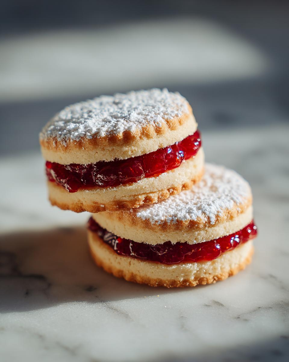 Two delicious raspberry linzer cookies stacked, dusted with powdered sugar and filled with bright red raspberry jam.