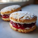 Close-up of two delicious raspberry linzer cookies dusted with powdered sugar, filled with raspberry jam.
