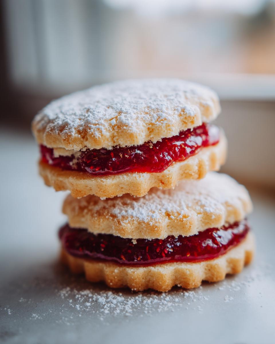 Two stacked raspberry linzer cookies, dusted with powdered sugar, showcasing the raspberry jam filling.