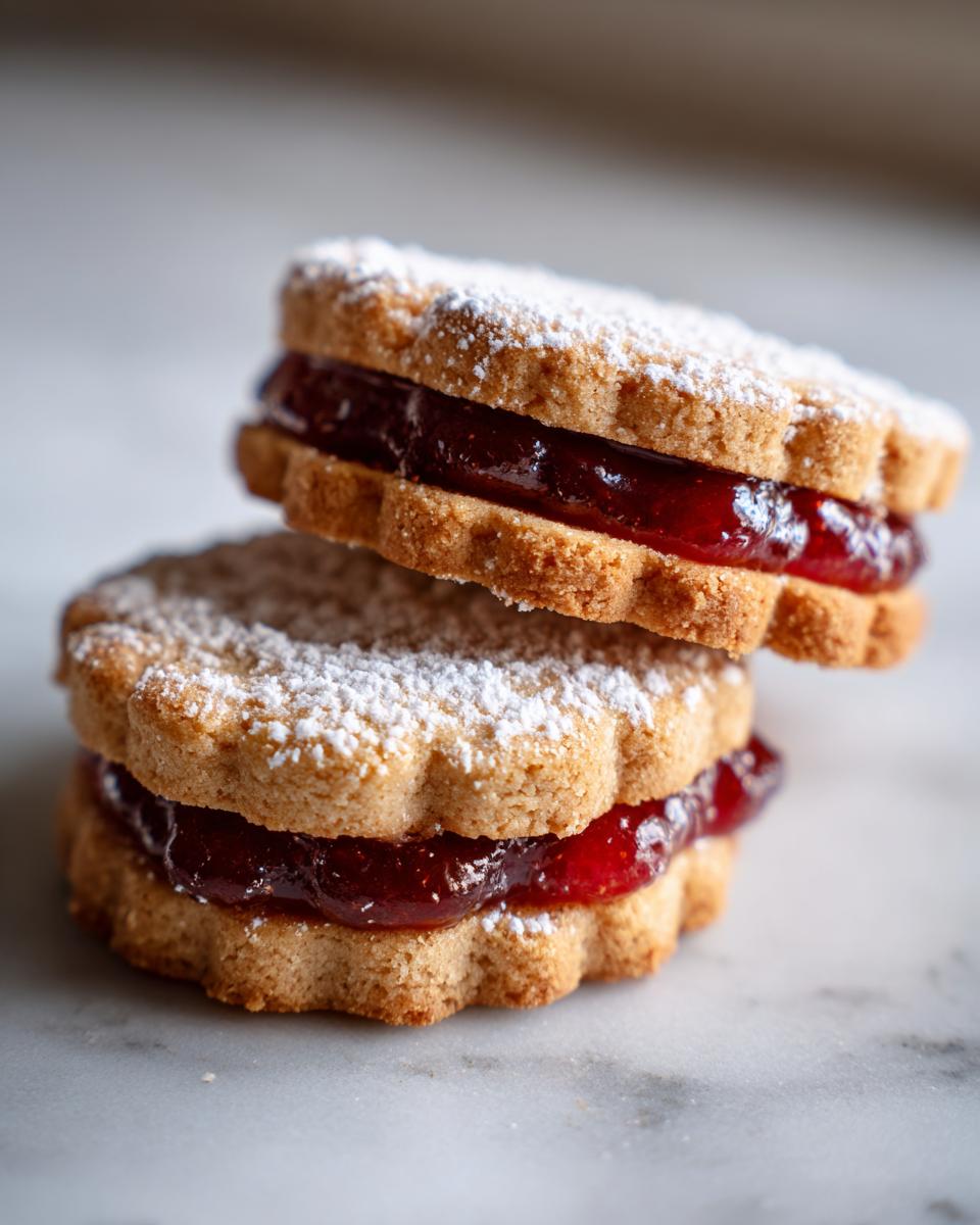 Two stacked raspberry linzer cookies dusted with powdered sugar, showing the red raspberry jam filling.