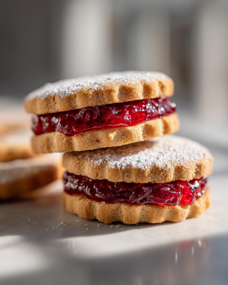 Two stacked raspberry linzer cookies, dusted with powdered sugar and filled with bright red raspberry jam.