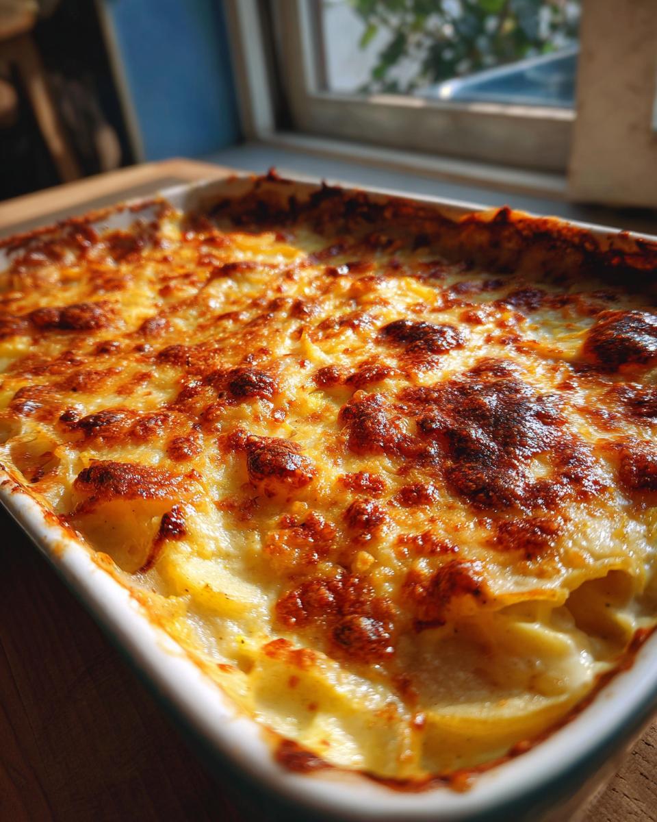Close-up of a golden brown, bubbly root vegetable gratin in a white baking dish.