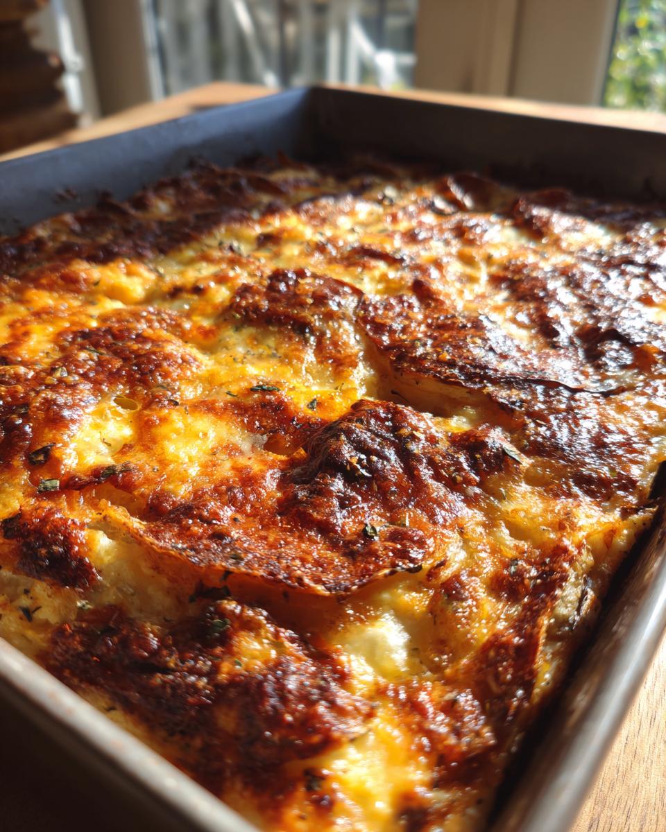 Close-up of a golden-brown, bubbly root vegetable gratin in a baking dish, with herbs sprinkled on top.