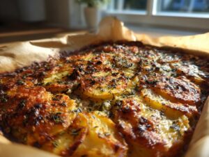 Close-up of a golden brown, baked root vegetable gratin with thinly sliced potatoes and herbs.