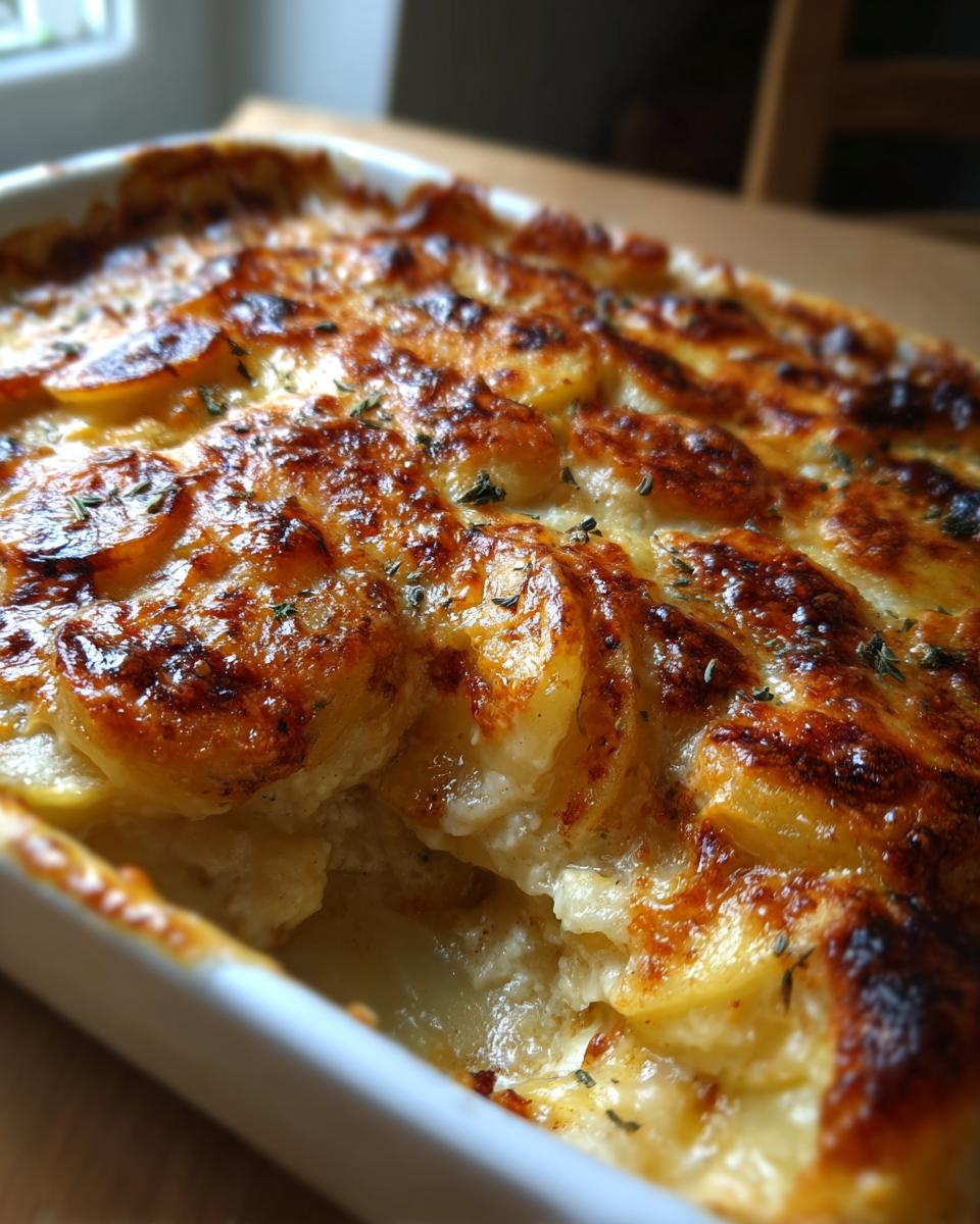 Close-up of a golden brown root vegetable gratin in a white baking dish, with visible layers of thinly sliced potatoes.