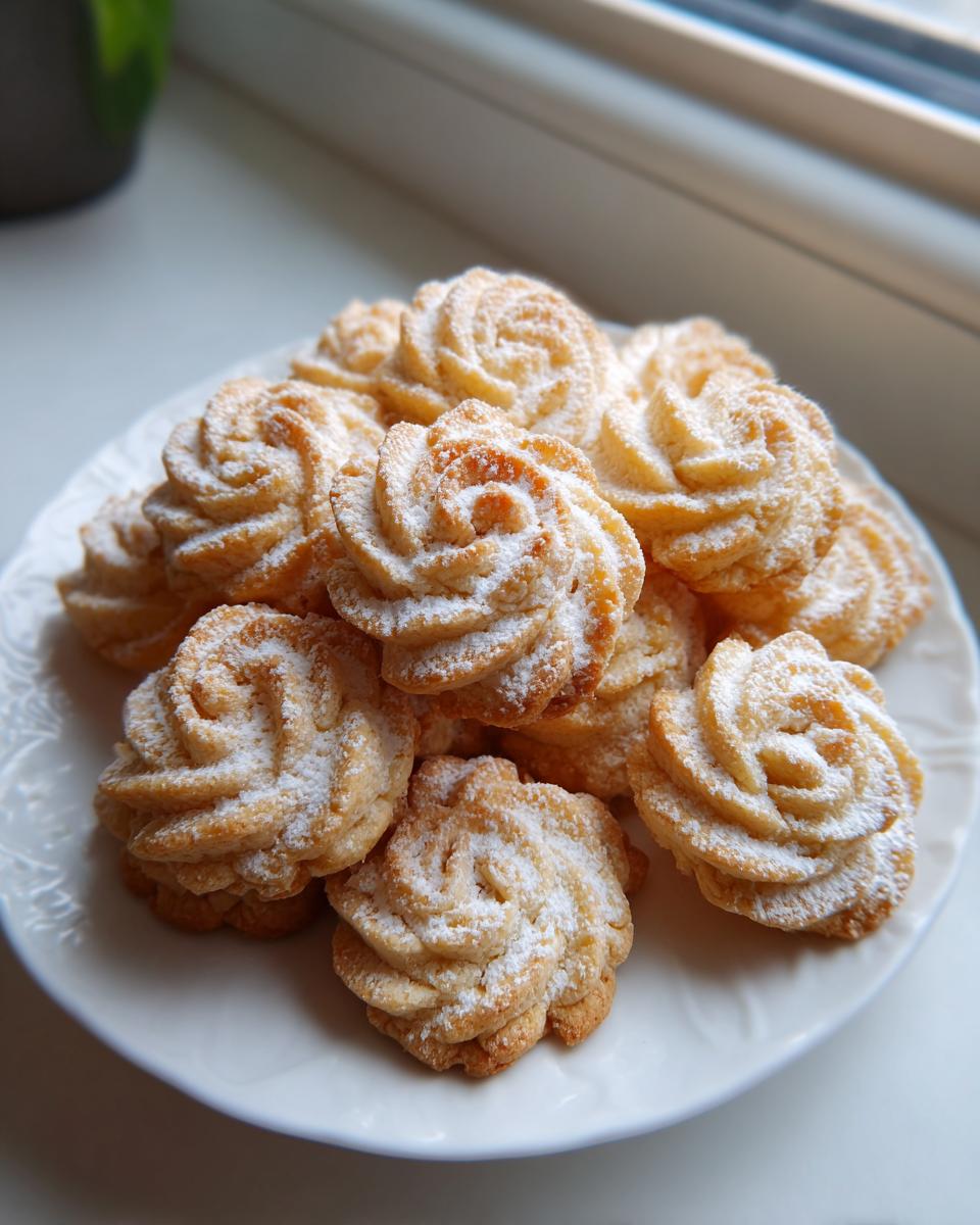 A pile of freshly baked, rose-shaped butter cookie treats dusted with powdered sugar on a white plate.