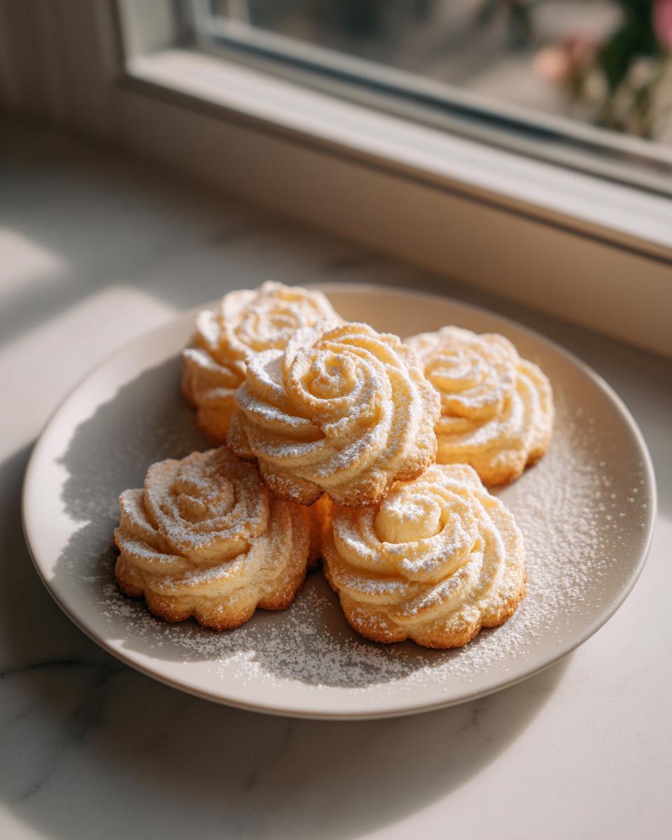 Five golden, piped butter cookie roses dusted generously with powdered sugar on a light plate near a window.