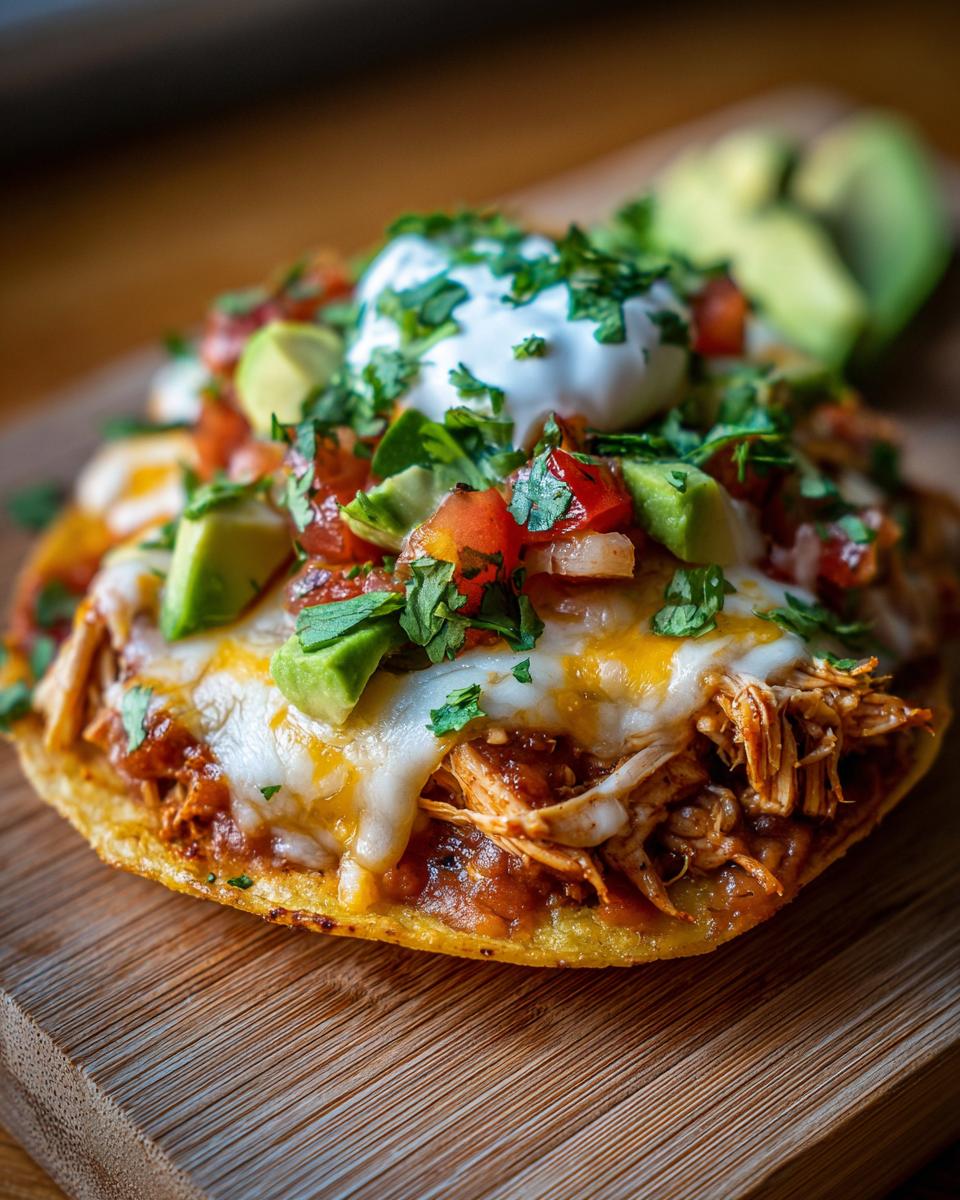A close-up of a delicious rotisserie chicken tostada, generously topped with melted cheese, diced tomatoes, avocado, sour cream, and cilantro.