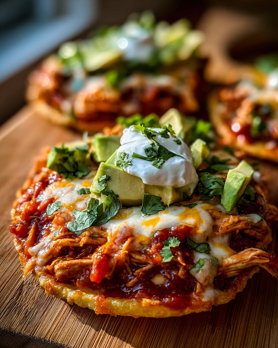 Close-up of a rotisserie chicken tostada topped with melted cheese, avocado, sour cream, and cilantro.