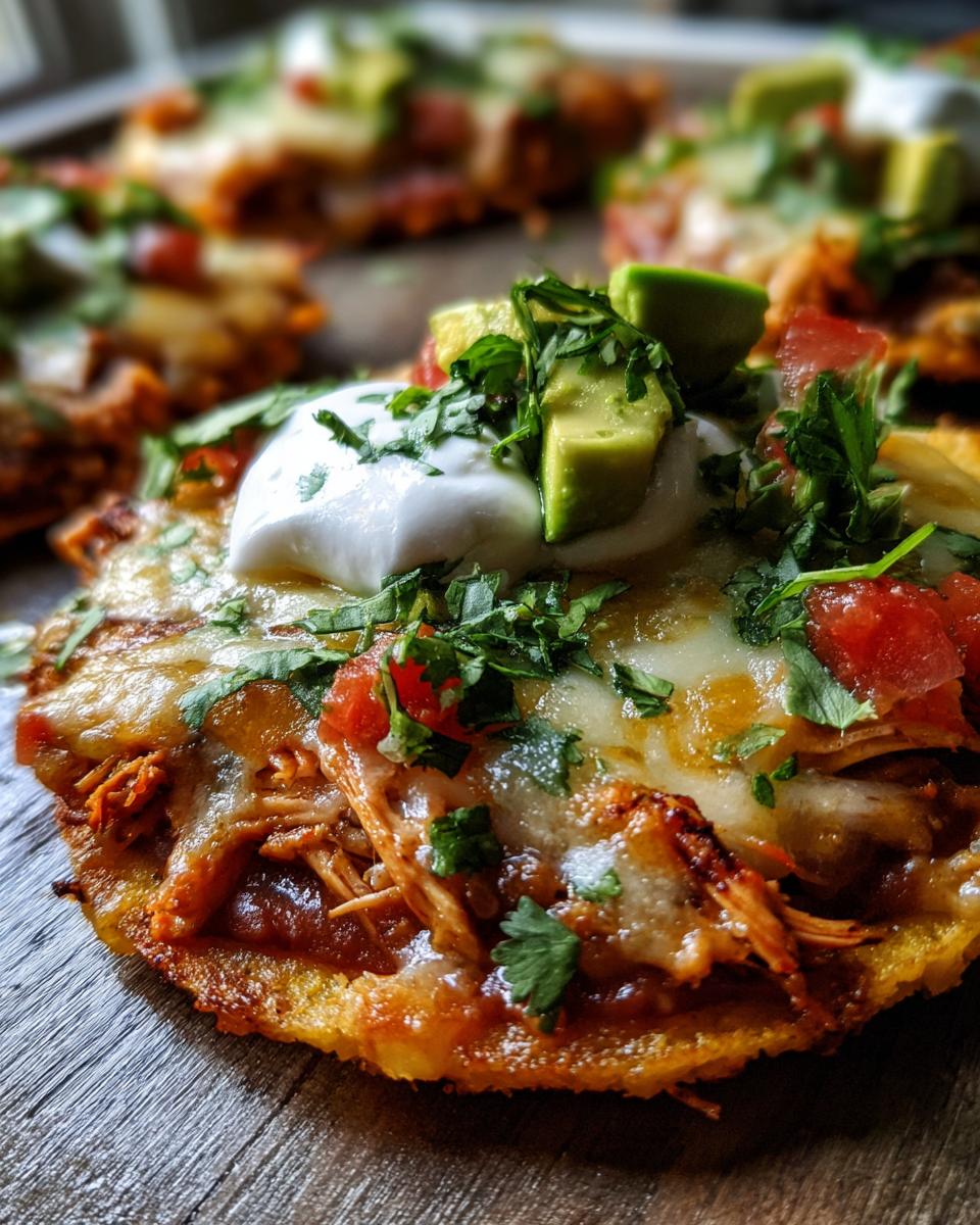 Close-up of a delicious rotisserie chicken tostada topped with melted cheese, sour cream, diced tomatoes, avocado, and cilantro.