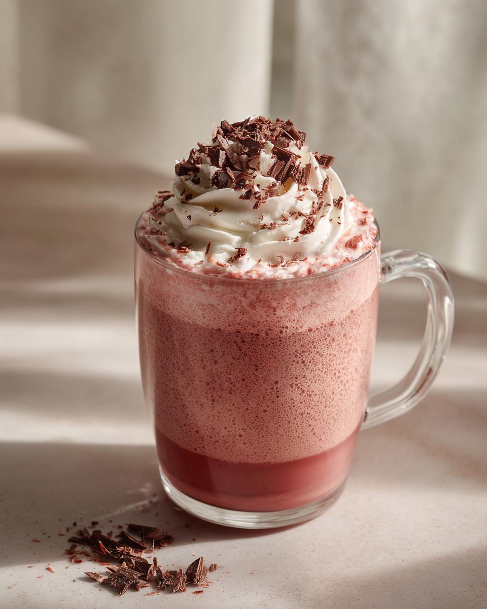 A clear mug filled with frothy ruby hot chocolate, topped with whipped cream and dark chocolate shavings.