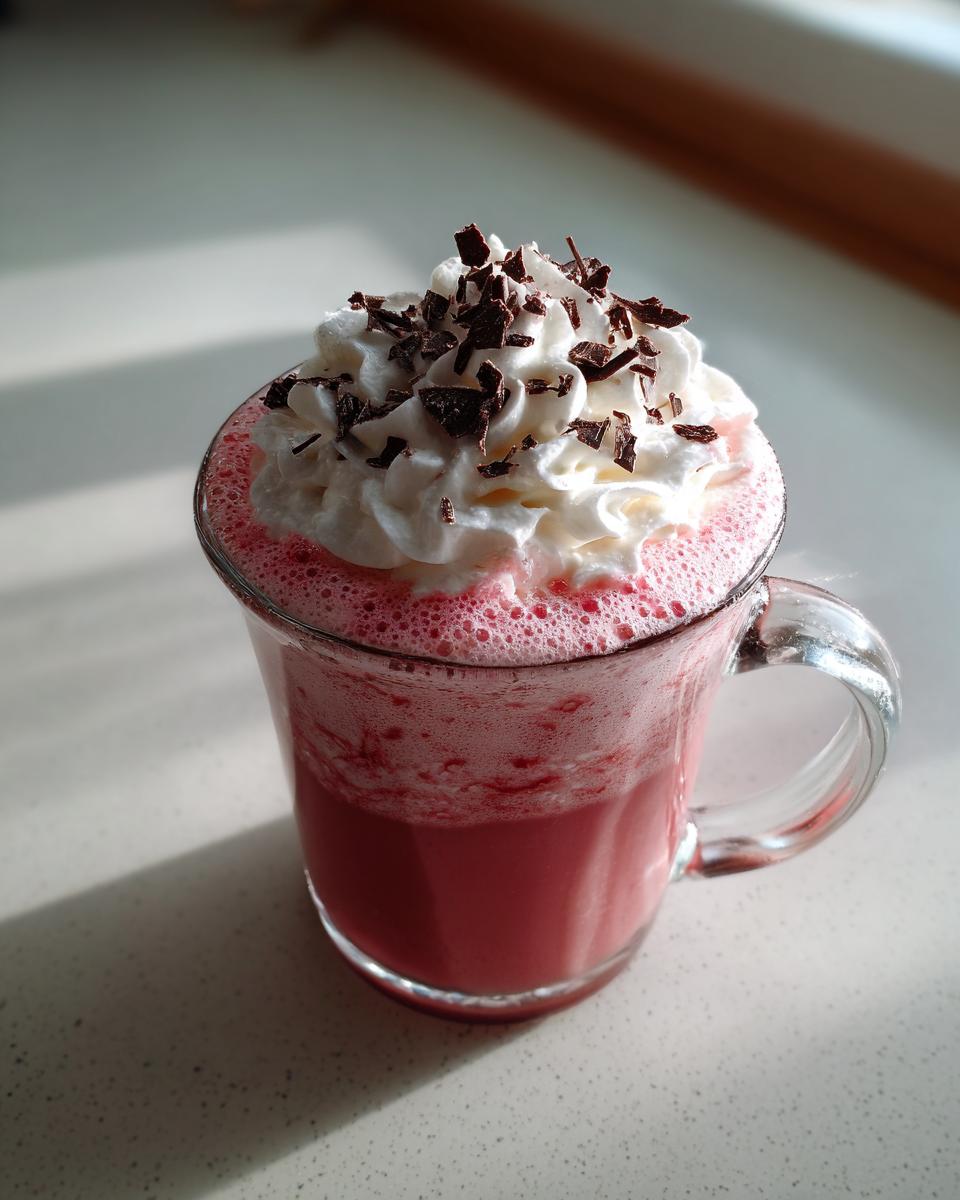 A close-up of a glass mug filled with pink ruby hot chocolate, topped with whipped cream and dark chocolate shavings.