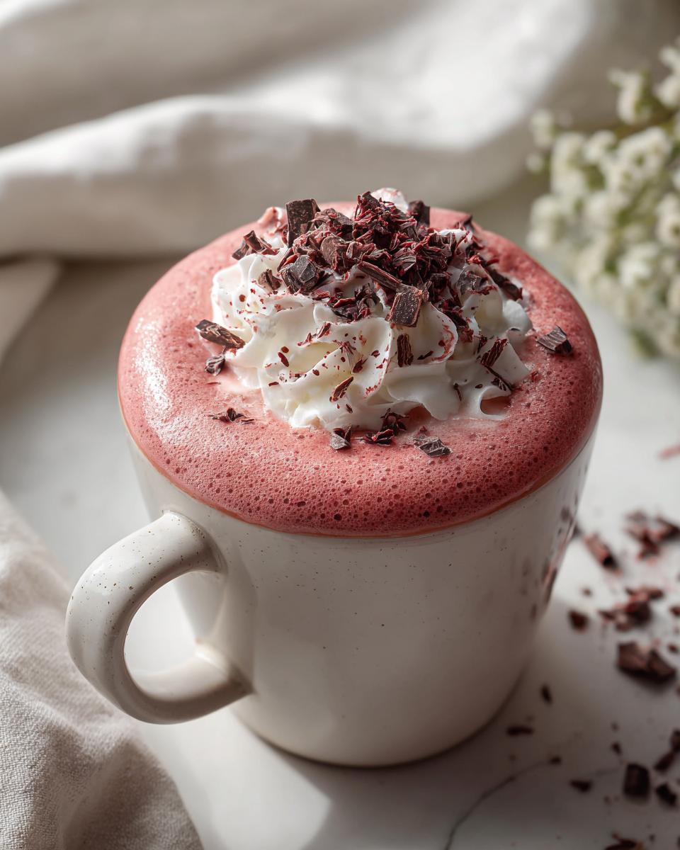 A close-up of a mug filled with vibrant pink ruby hot chocolate, topped with whipped cream and dark chocolate shavings.