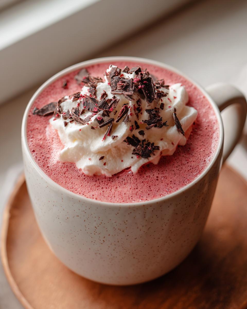 A close-up of a mug filled with vibrant pink ruby hot chocolate, topped with whipped cream and dark chocolate shavings.