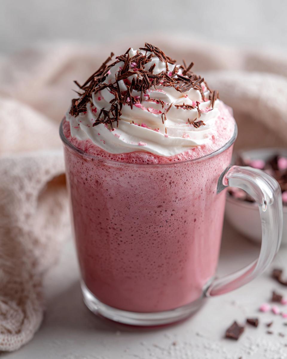 A festive glass mug filled with frothy ruby hot chocolate, topped with whipped cream and dark chocolate shavings.