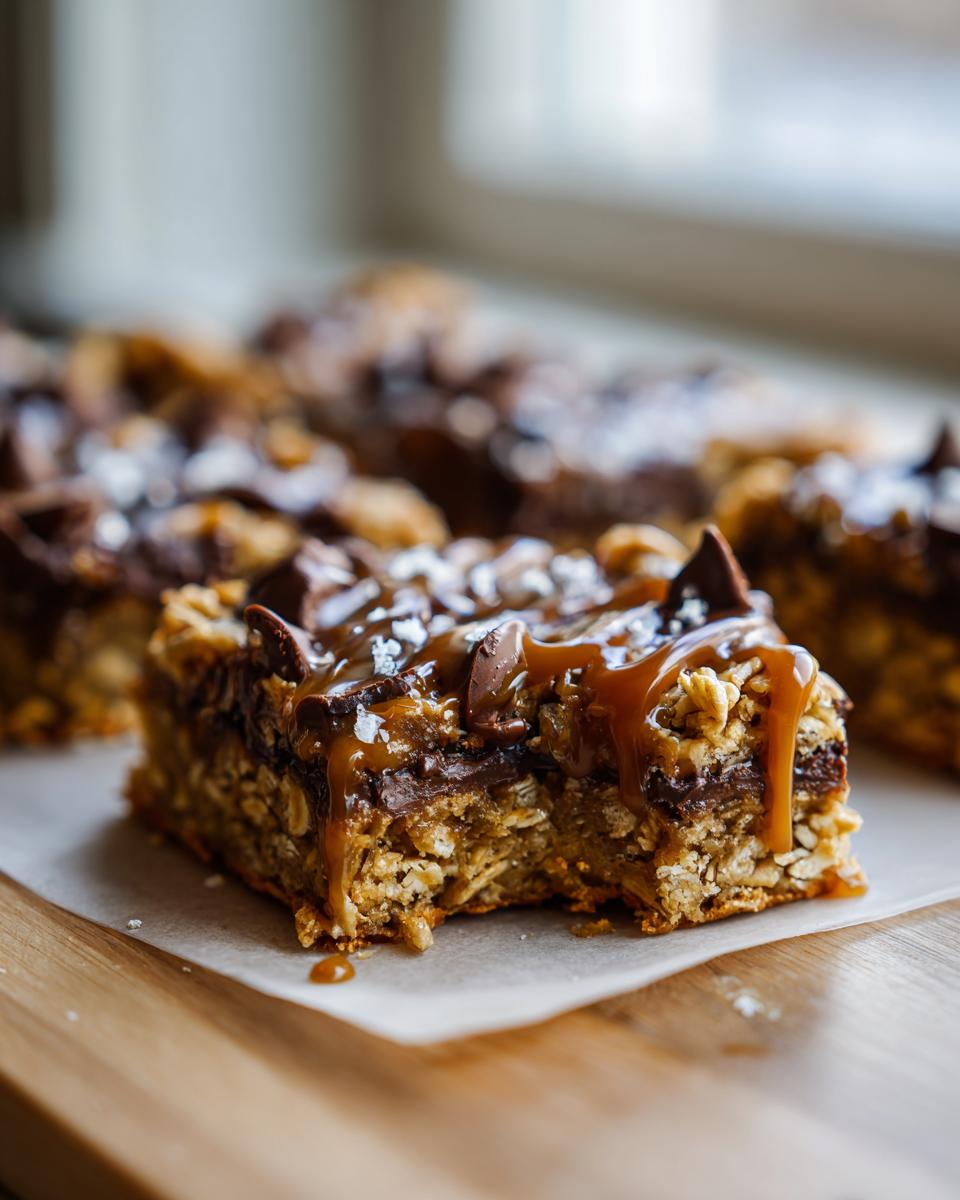 Close-up of a delicious salted caramel chocolate chip oat cookie bar with a bite taken out.