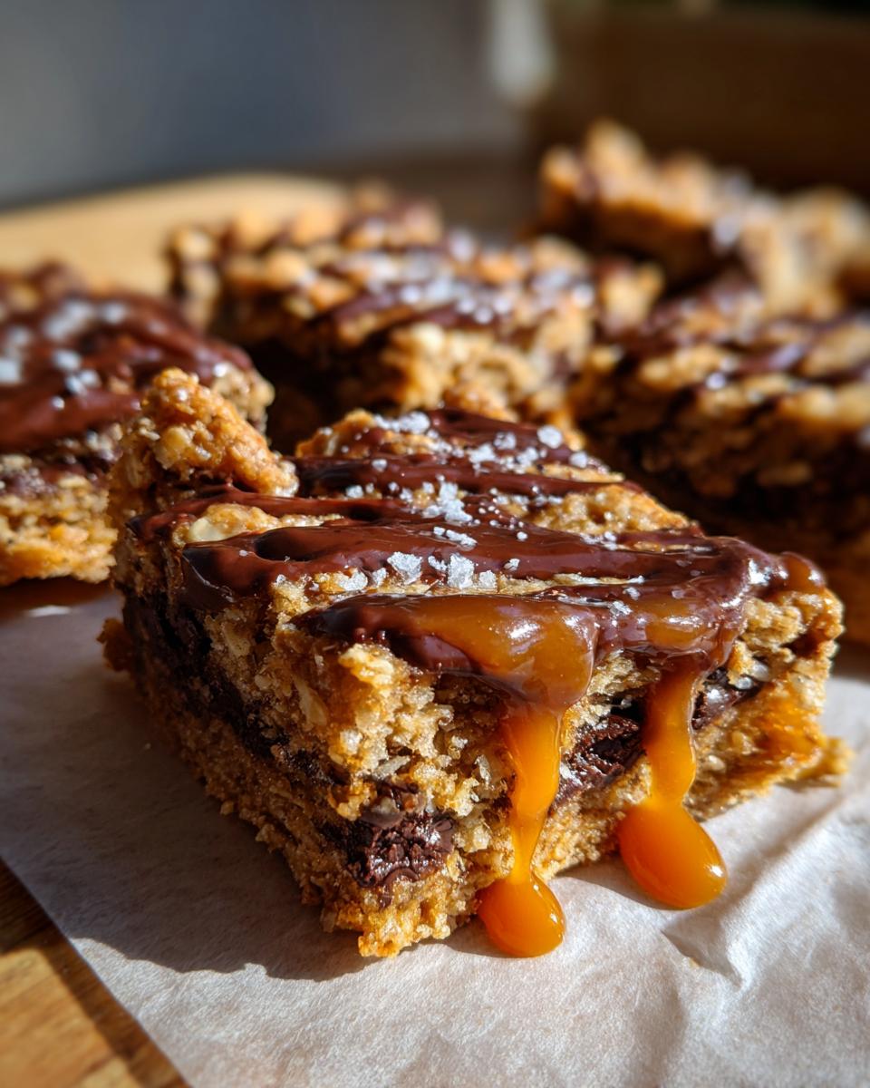 Close-up of a decadent salted caramel chocolate chip oat cookie bar with gooey caramel dripping.