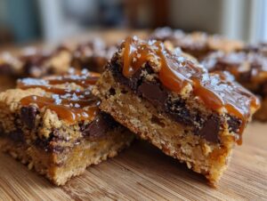 Close-up of a delicious salted caramel chocolate chip oat cookie bar, drizzled with caramel and sprinkled with sea salt.