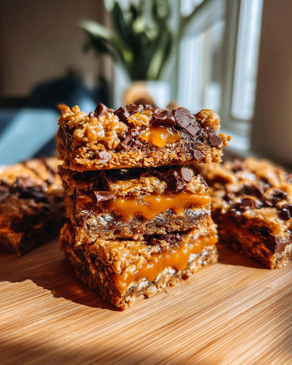 A stack of salted caramel chocolate chip oat cookie bars with gooey caramel and chocolate chips.