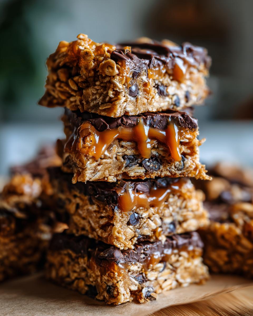 A stack of delicious salted caramel chocolate chip oat cookie bars, with gooey caramel dripping.