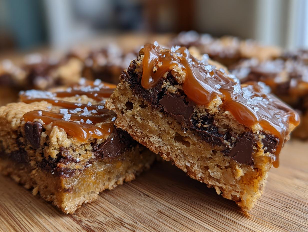 Close-up of a delicious salted caramel chocolate chip oat cookie bar, drizzled with caramel and sprinkled with sea salt.