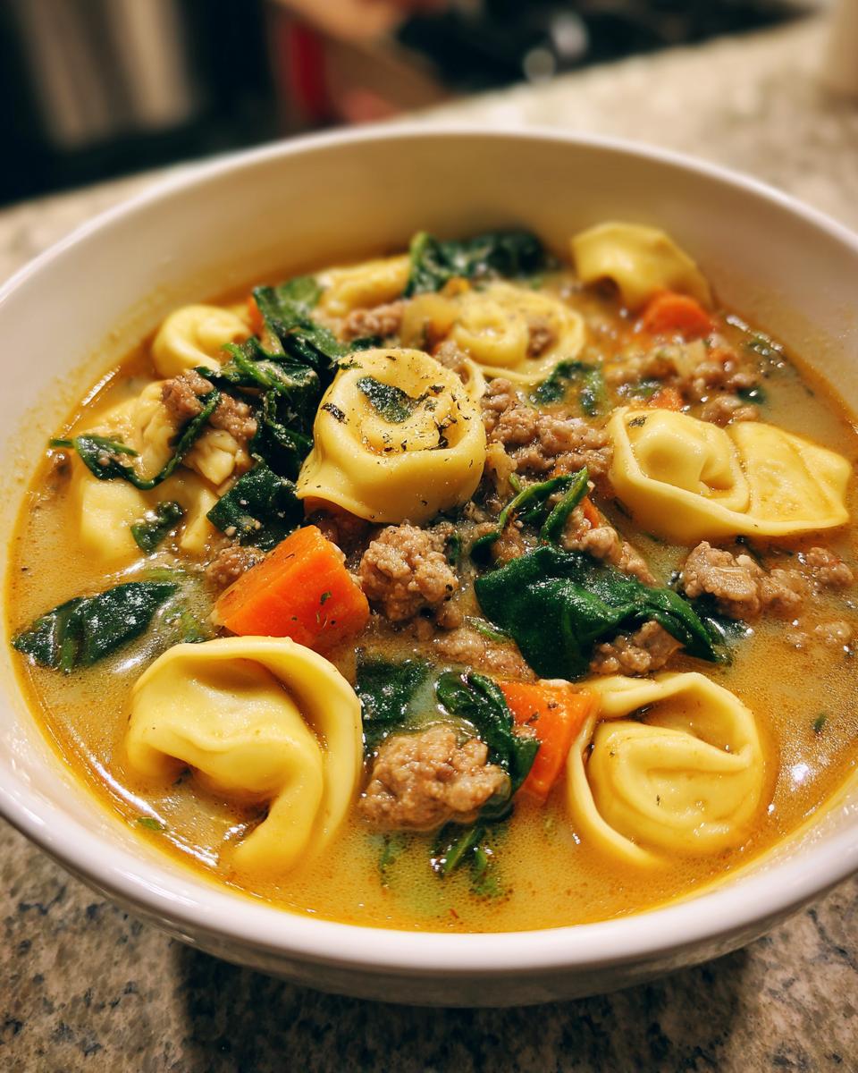 A close-up view of a bowl filled with creamy sausage tortellini soup, featuring pasta, ground sausage, spinach, and carrots.