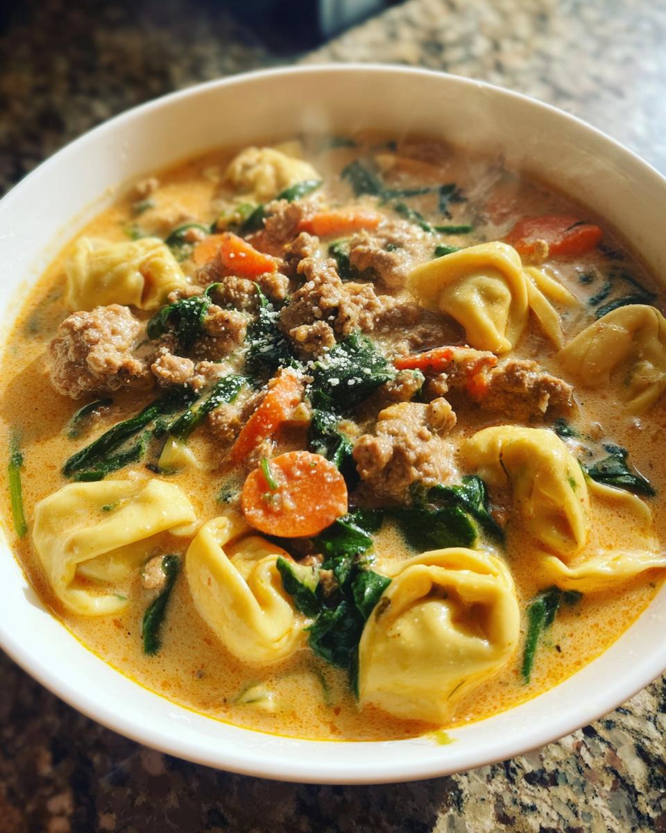 Close-up of a steaming bowl of creamy sausage tortellini soup, featuring tortellini, ground sausage, carrots, and spinach.