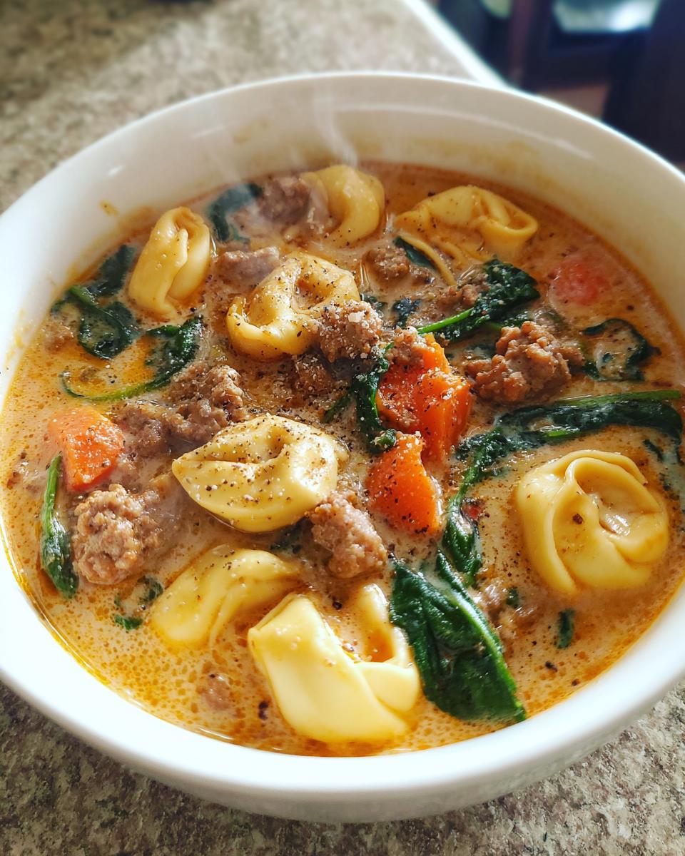 A close-up of a steaming white bowl filled with creamy sausage tortellini soup, featuring tortellini, ground sausage, spinach, and carrots.