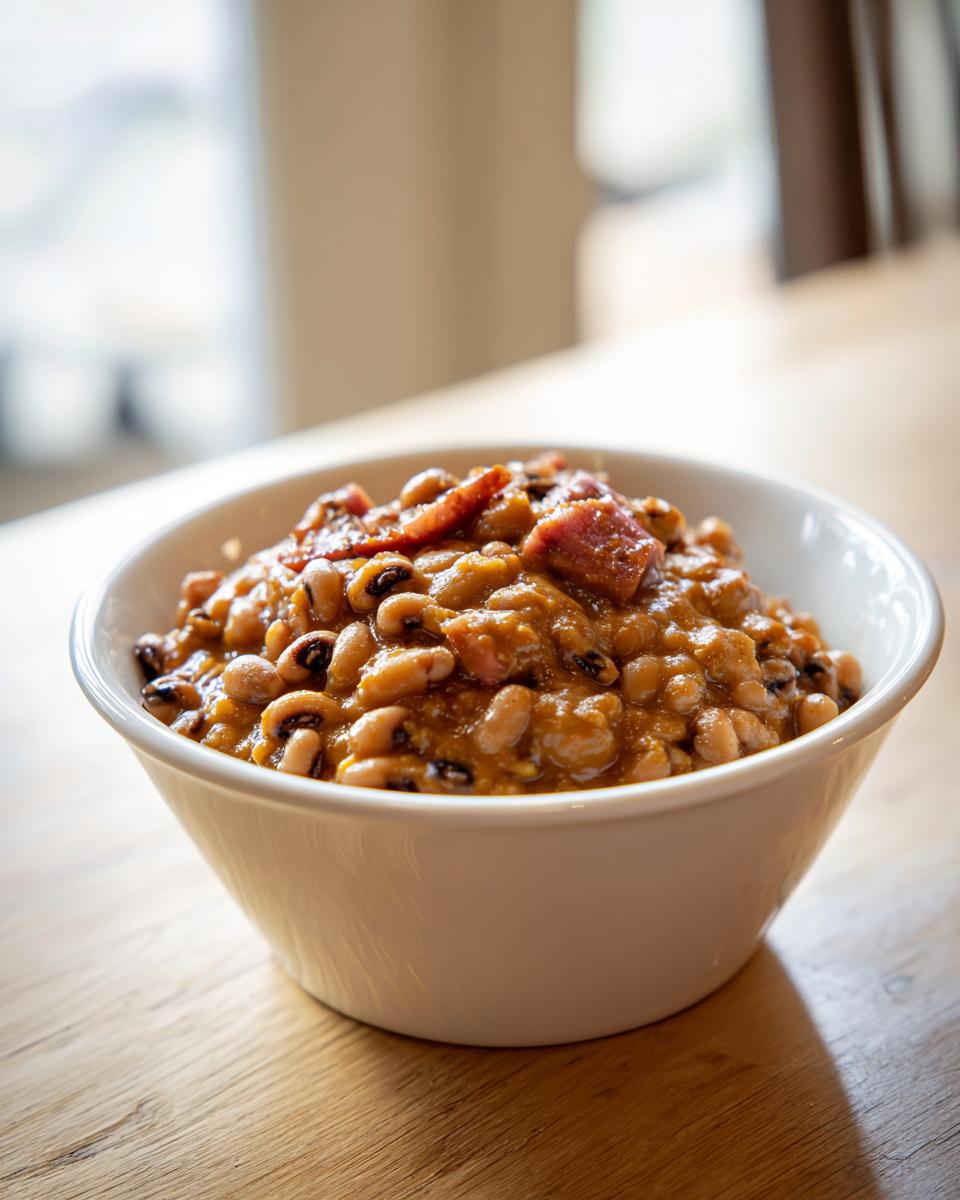 A white bowl filled with stewed black eyed peas and chunks of smoked ham or bacon.