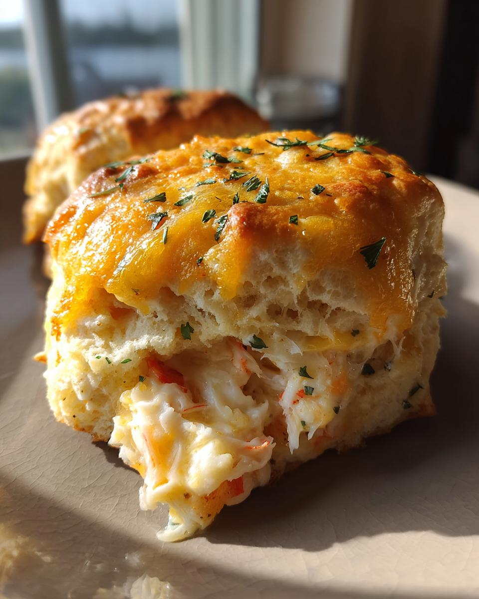 Close-up of a delicious shrimp and crab biscuit melt, filled with creamy seafood and topped with melted cheddar cheese and parsley.