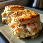 Two delicious shrimp and crab biscuit melts filled with creamy seafood and topped with herbs.