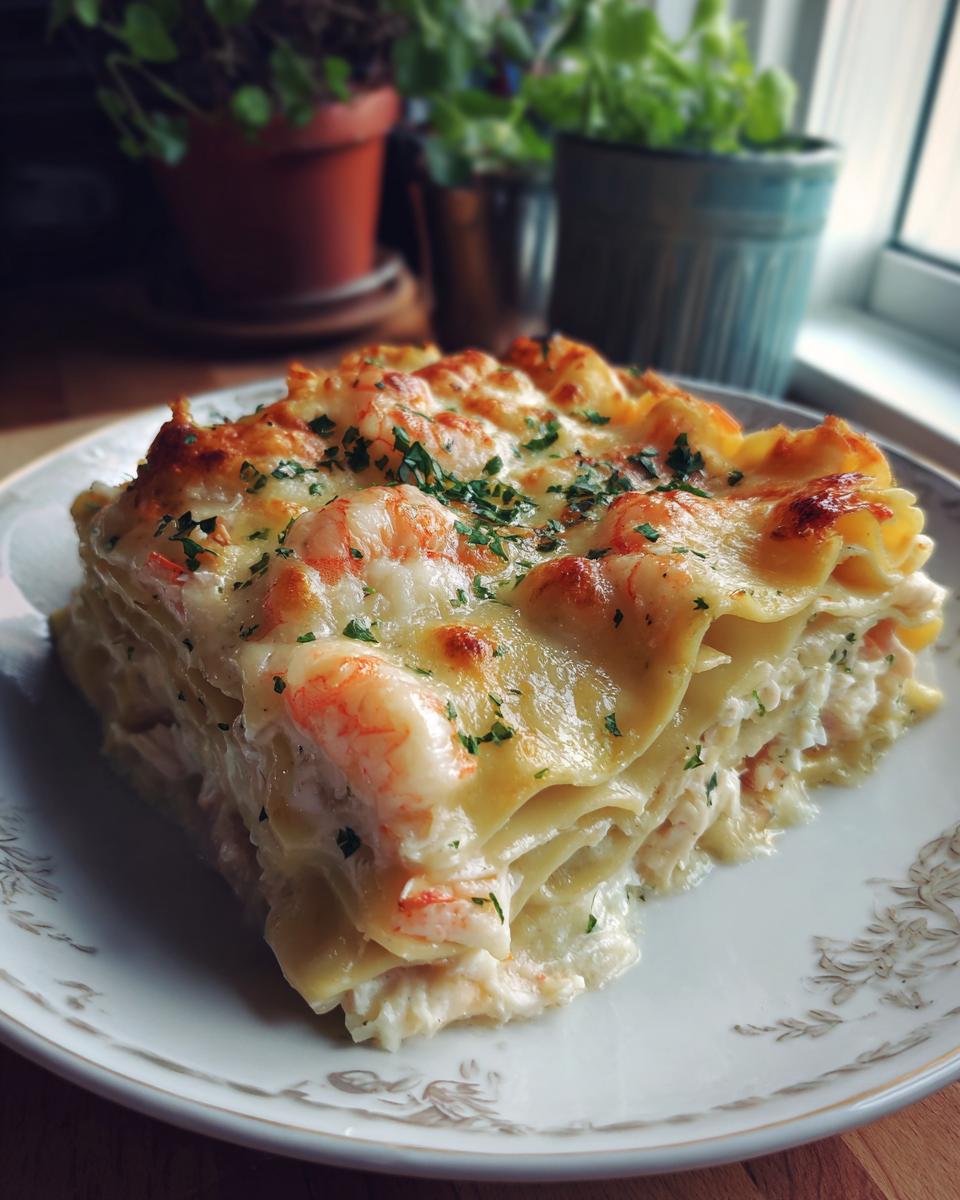 A close-up of a slice of decadent shrimp and crab lasagna, layered with pasta, creamy sauce, and seafood, topped with parsley.
