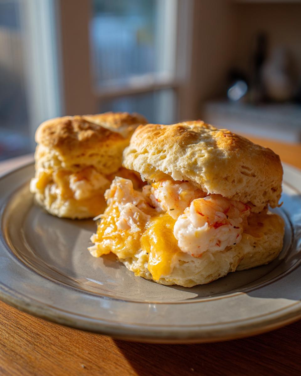 Close-up of two delicious shrimp and crab biscuit melts filled with creamy seafood and melted cheese.