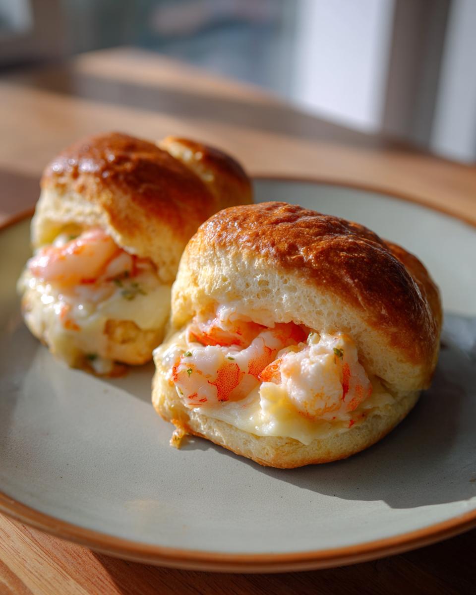 Two delicious shrimp and crab biscuit melts filled with creamy cheese and shrimp on a light grey plate.
