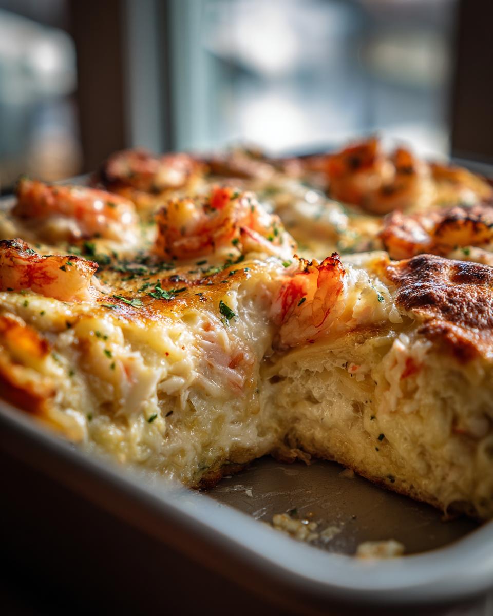 A close-up of a freshly baked Shrimp Crab Lasagna in a white baking dish, topped with shrimp and herbs.