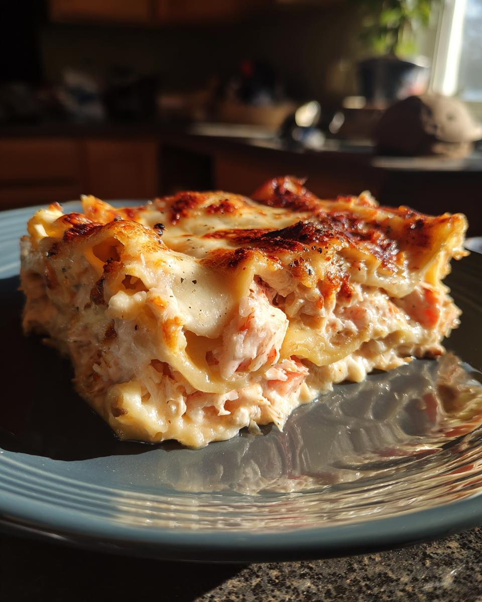 A close-up of a slice of decadent shrimp and crab lasagna, showing layers of pasta, creamy filling, and golden-brown cheese.
