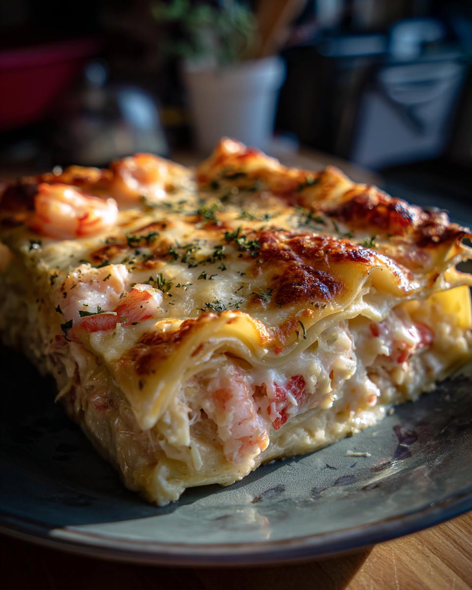 A close-up of a slice of decadent shrimp and crab lasagna, showing layers of pasta, creamy filling, and shrimp.