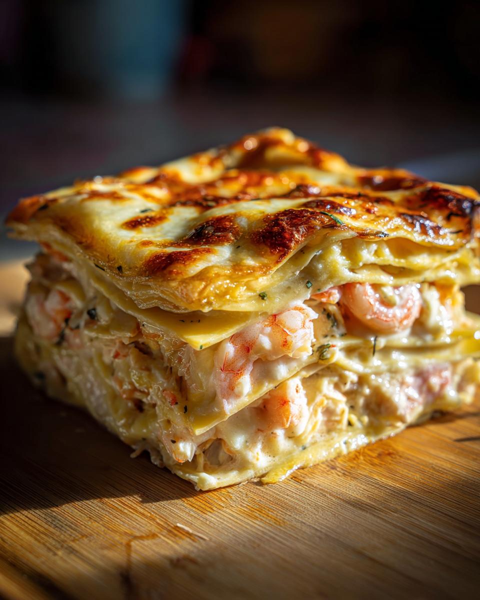 A slice of decadent shrimp and crab lasagna with layers of pasta, creamy sauce, and shrimp.