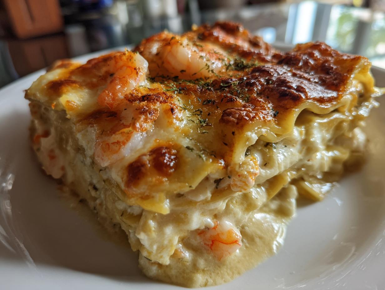 A generous slice of shrimp crab lasagna on a white plate, featuring layers of pasta, creamy sauce, and visible shrimp pieces.