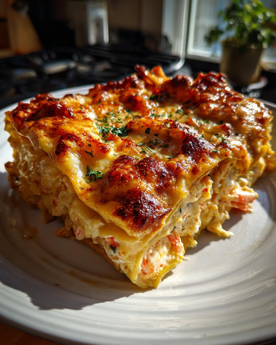 A generous slice of shrimp crab lasagna, featuring layers of pasta, creamy filling with visible shrimp and crab, topped with golden-brown cheese and parsley.