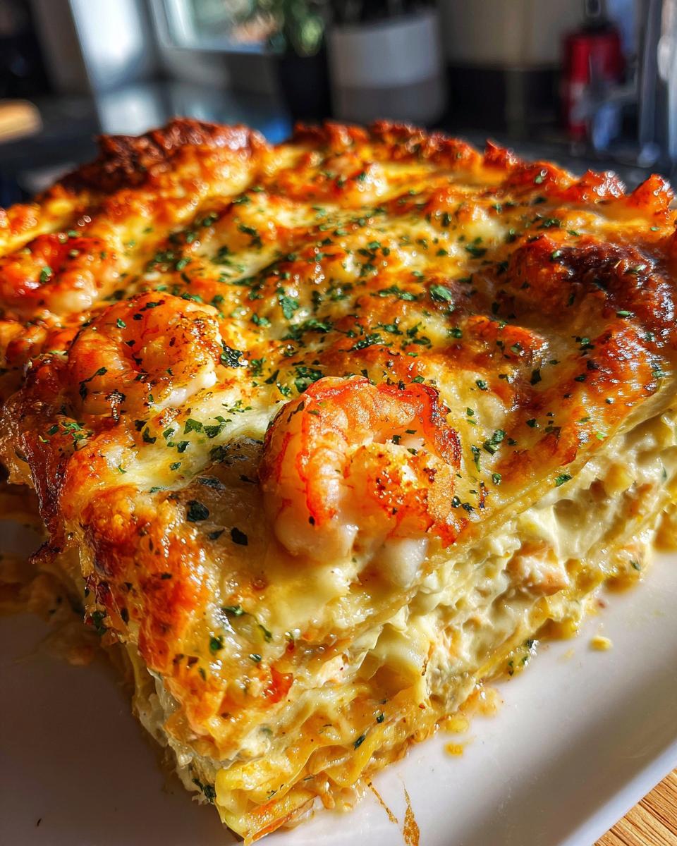 A close-up of a slice of shrimp crab lasagna, featuring layers of pasta, creamy filling, and topped with melted, golden-brown cheese and shrimp.