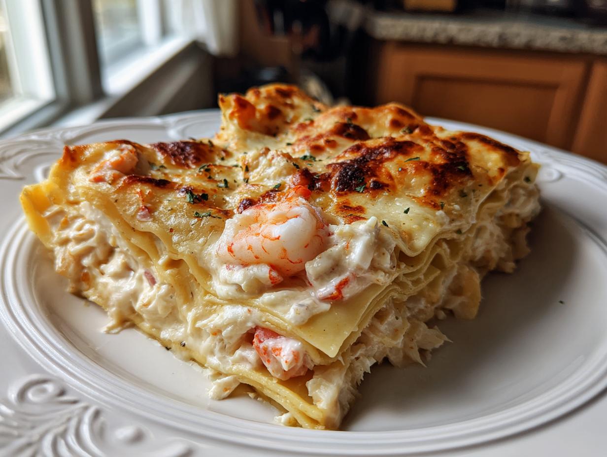 A generous slice of decadent shrimp and crab lasagna, showcasing layers of pasta, creamy filling, and seafood.