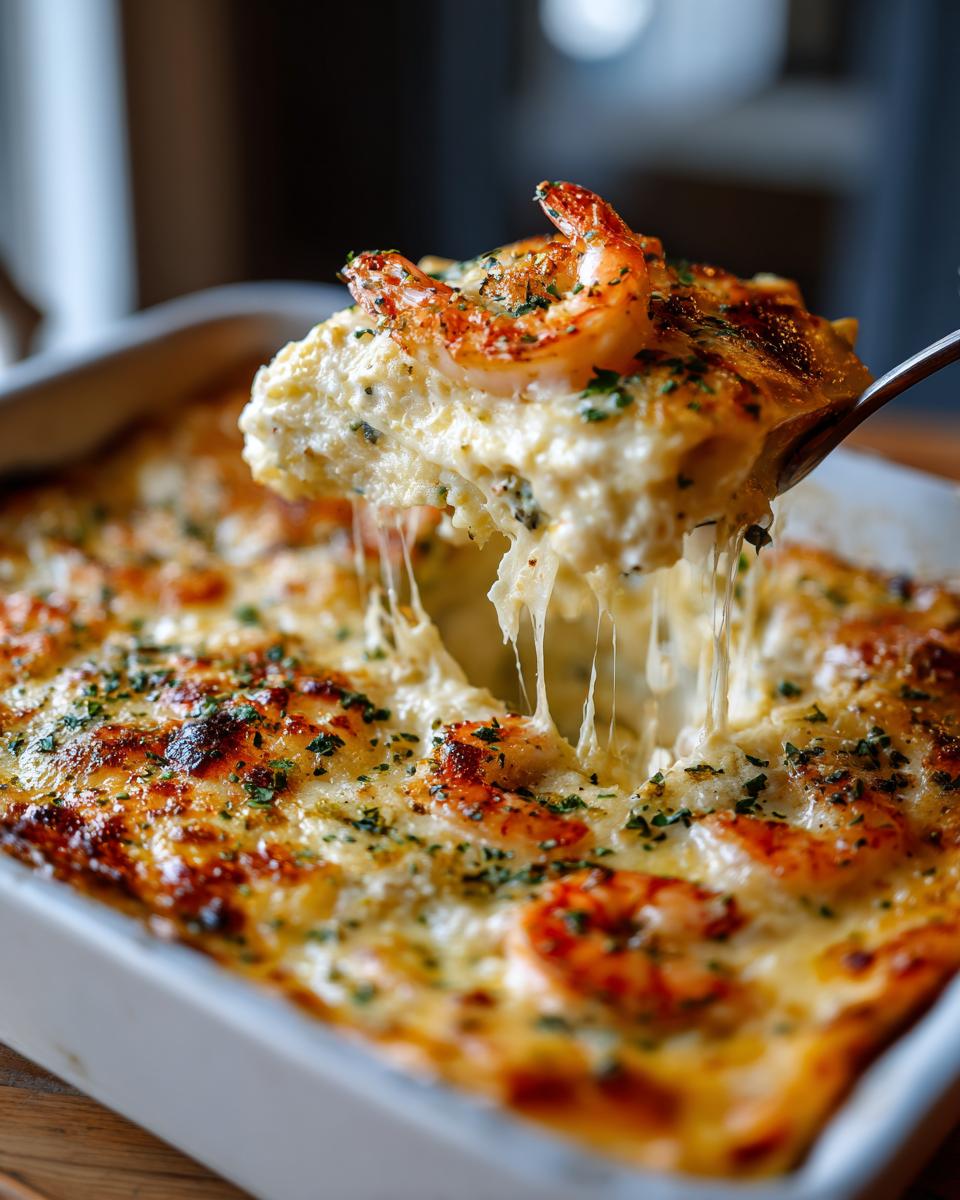 A spoonful of cheesy Shrimp Crab Lasagna, topped with cooked shrimp and parsley.