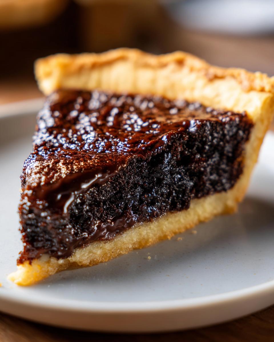 Close-up of a rich slice of hot fudge pie showing a dark, fudgy center and golden crust.